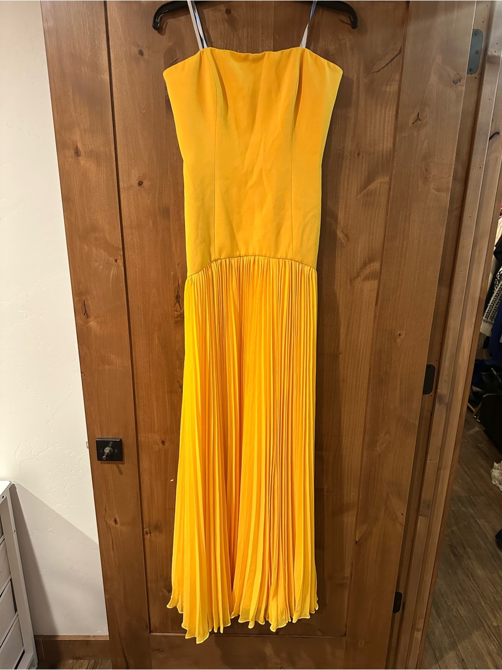 Monique Lhuillier Sunny Yellow Drop-Waist Strapless Pleated Maxi Dress
